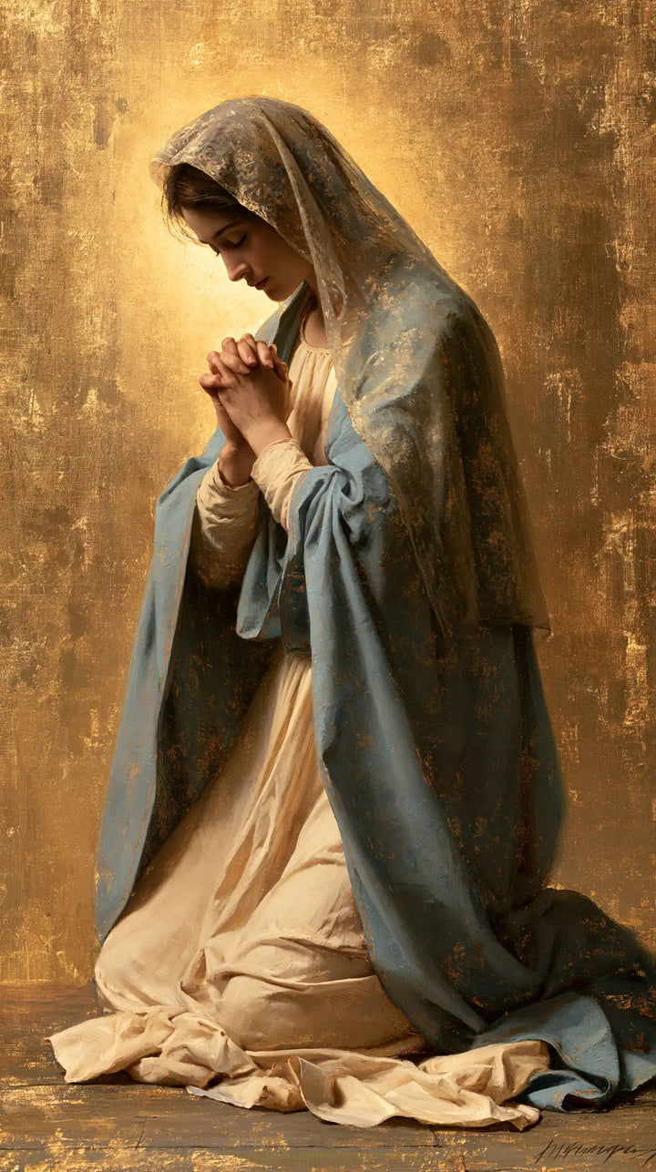 Virgin Mary in Prayer — Contemplation in the Grey-Toned Cloak
