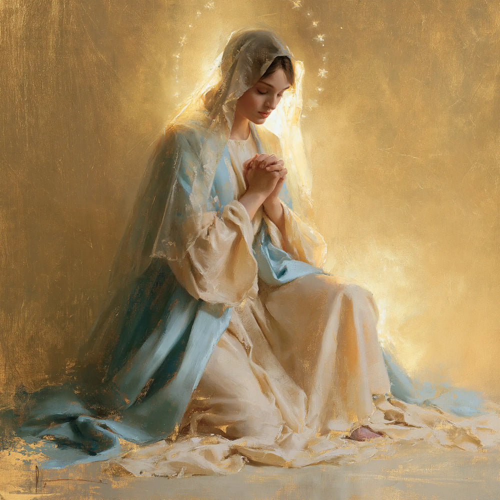 the Virgin Mary in prayer in Sacred Gold style, square Christian artwork no. 1