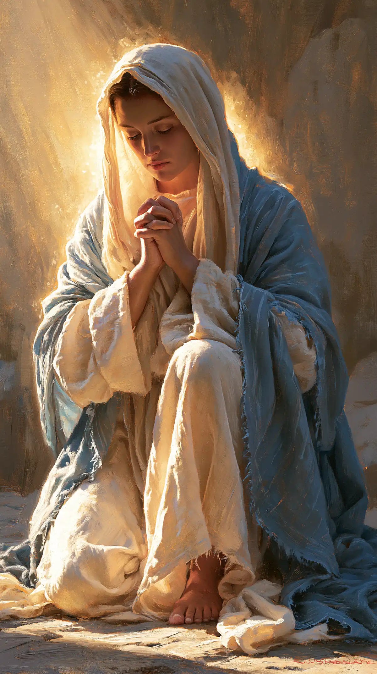 Virgin Mary in Prayer — Bare Feet in Tender Light
