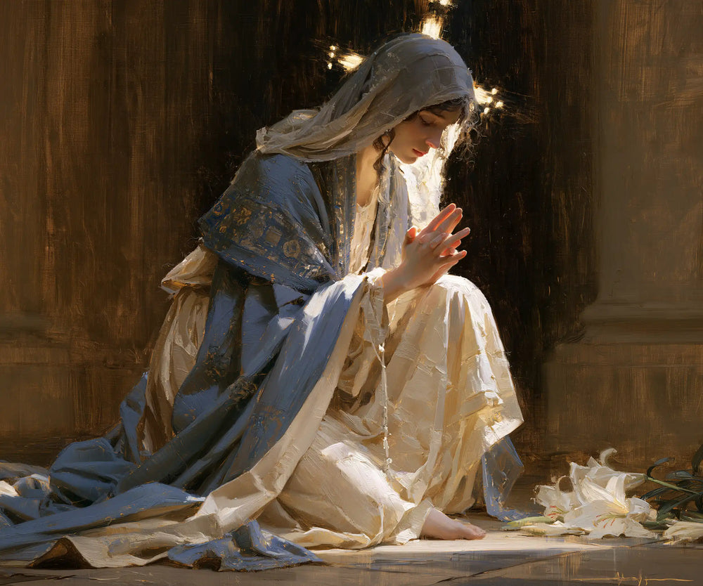 the Virgin Mary in prayer in Symbolist style, landscape Christian artwork no. 1