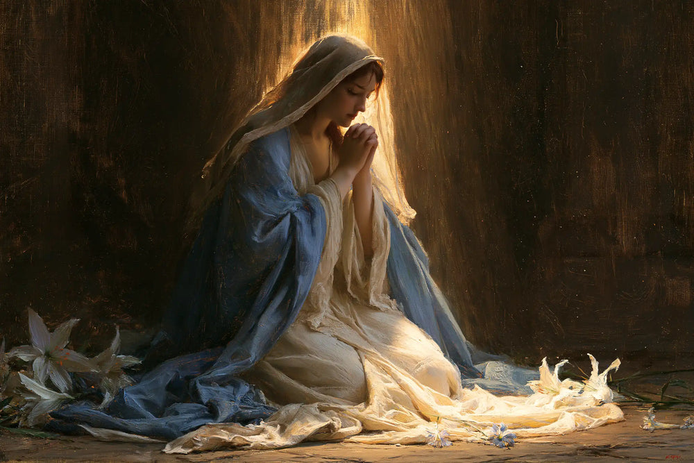 the Virgin Mary in prayer in Symbolist style, landscape Christian artwork no. 5