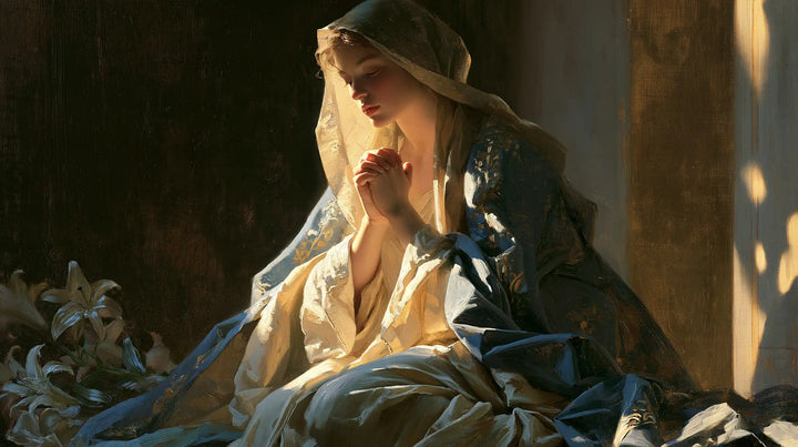 Virgin Mary in Prayer — Linen in Leaf-Filtered Light