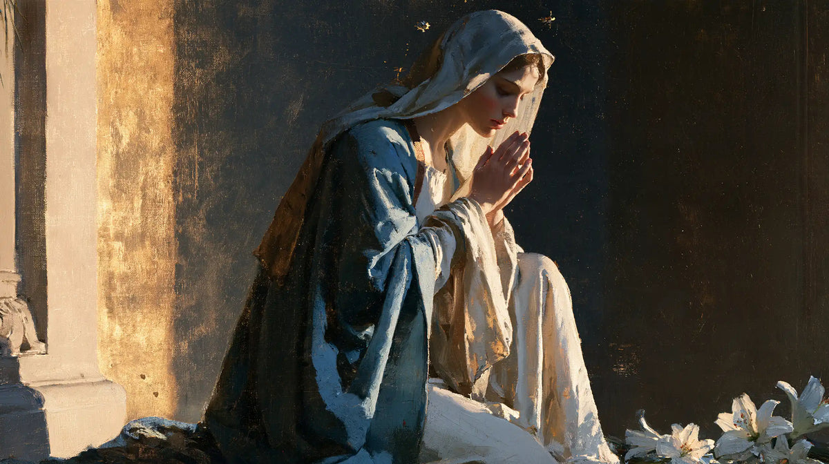 Virgin Mary in Prayer — Prayer at the Threshold of Lilies