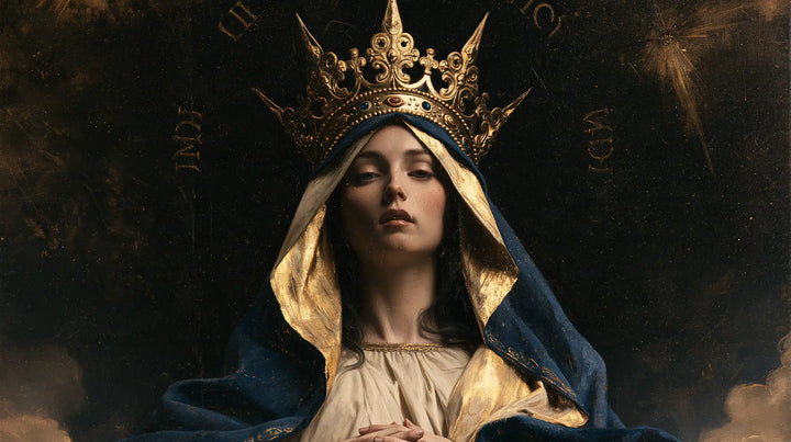 Mary, Queen of Heaven — The Still Face Beneath Royal Scrollwork
