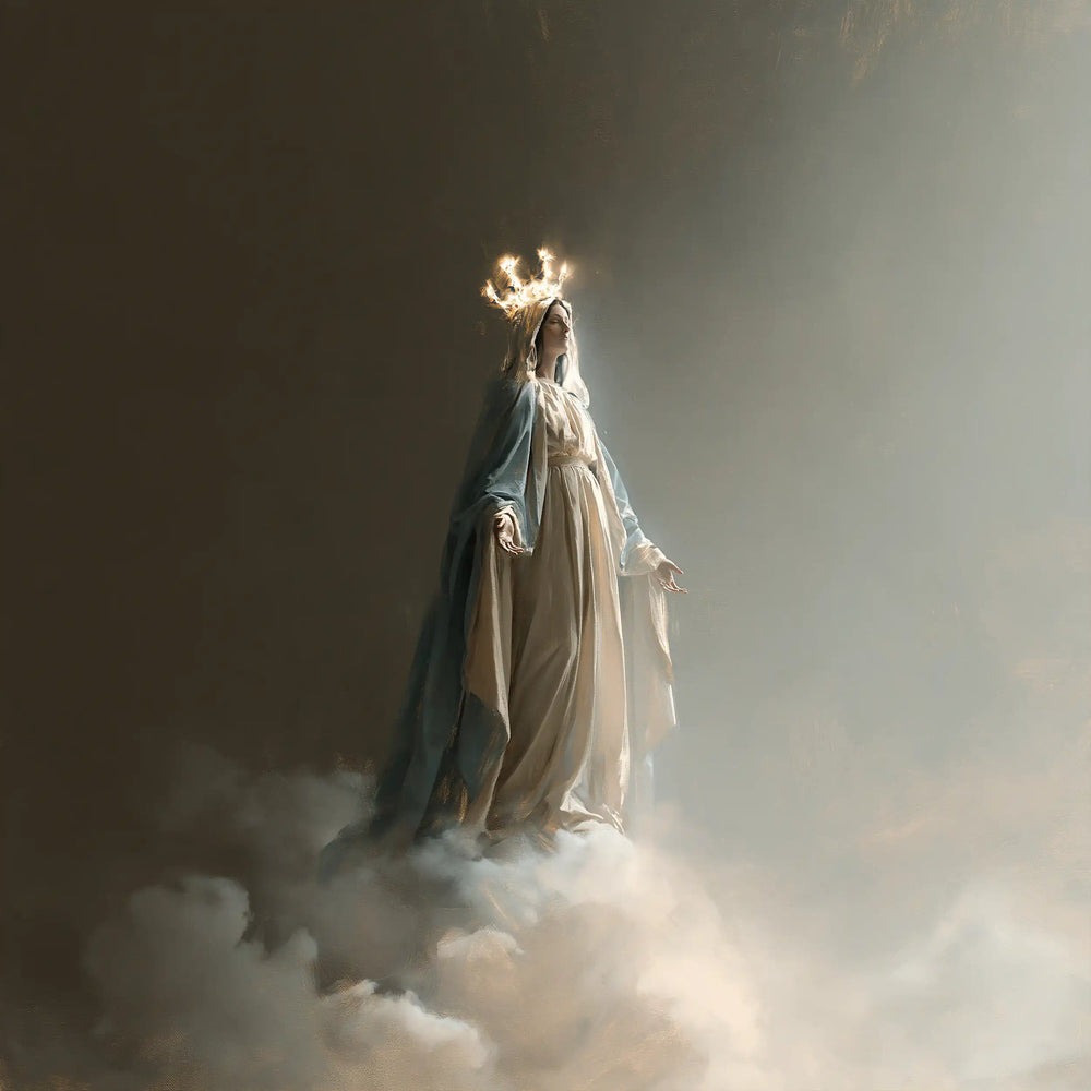 Mary as Queen of Heaven in a minimalist composition in Contemporary Minimalism style, square Christian artwork no. 2