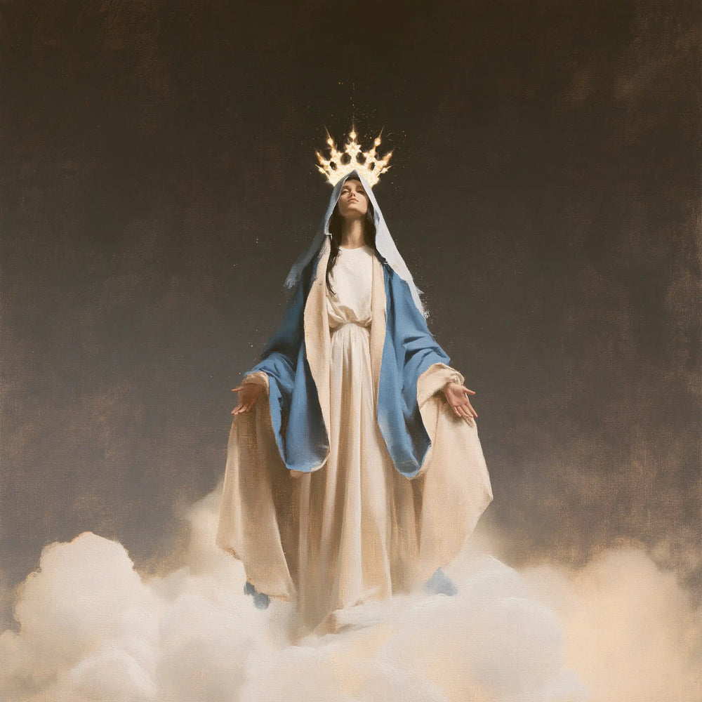 Mary as Queen of Heaven in a minimalist composition in Contemporary Minimalism style, square Christian artwork no. 7