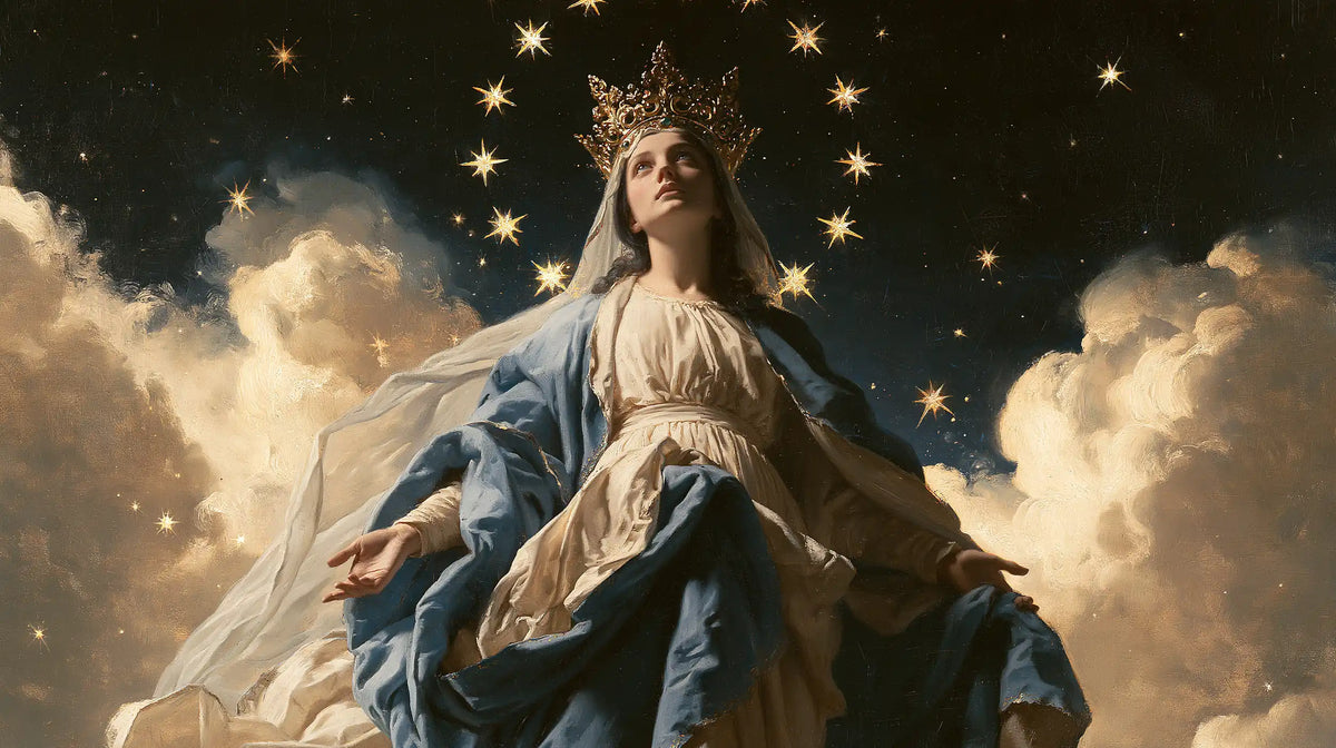 Mary with the heavenly crown as the central symbol in The Crown as Central Symbol style, landscape Christian artwork no. 9