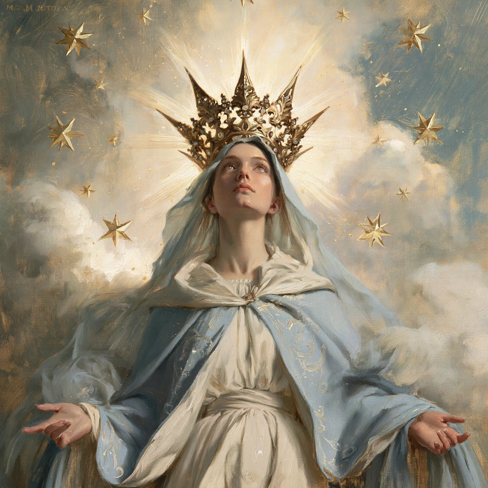 Mary with the heavenly crown as the central symbol in The Crown as Central Symbol style, square Christian artwork no. 3