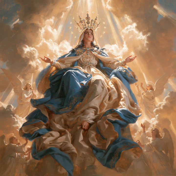 Mary, Queen of Heaven — Heaven’s Ribbons Beneath Slanting Rays