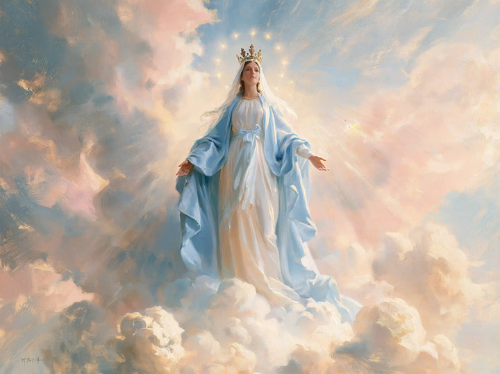 Mary, Queen of Heaven — Azure Folds in Pearly Radiance