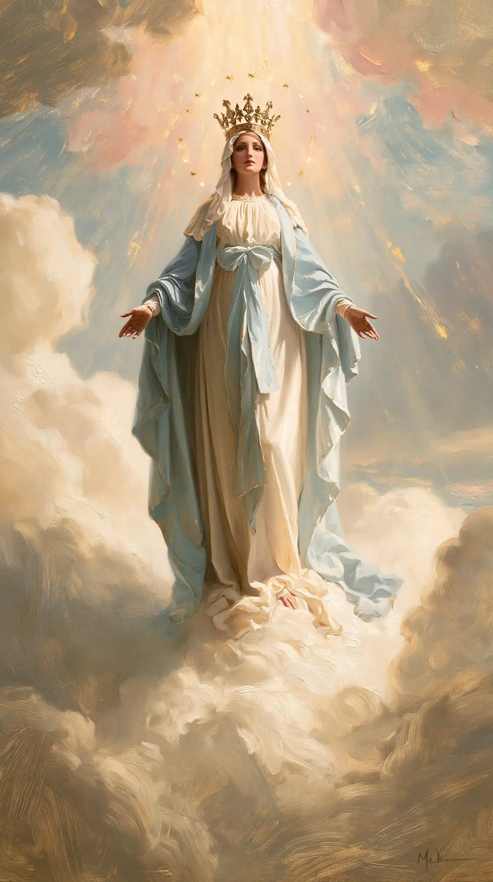 Mary, Queen of Heaven — The Golden Threshold Beneath the White Robe