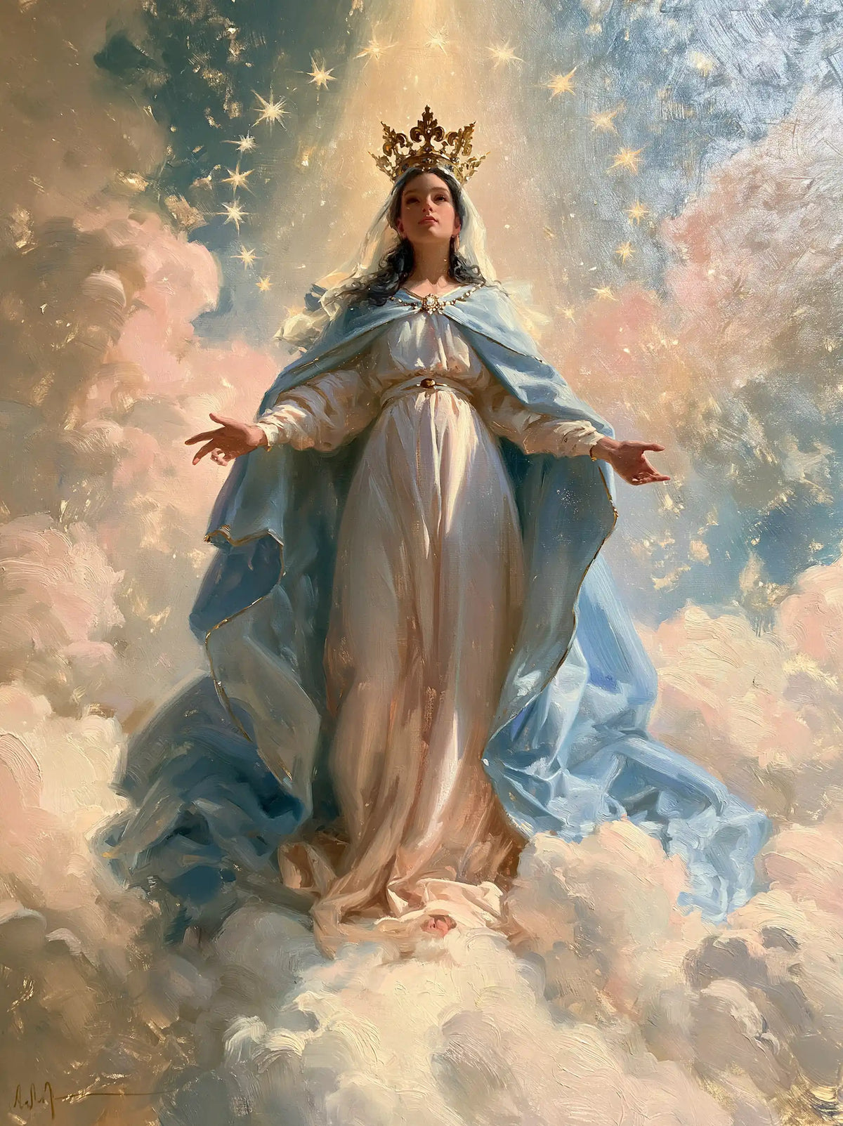 Mary as Queen of Heaven in an impressionist atmosphere in Impressionist style, portrait Christian artwork no. 36
