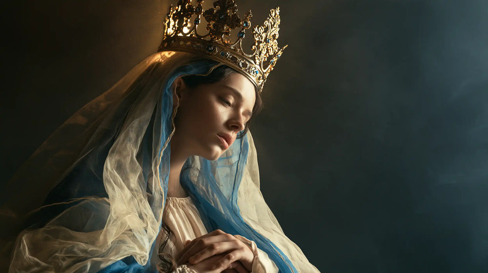 Mary as Queen of Heaven surrounded by divine light in Mary as Divine Light style, landscape Christian artwork no. 7