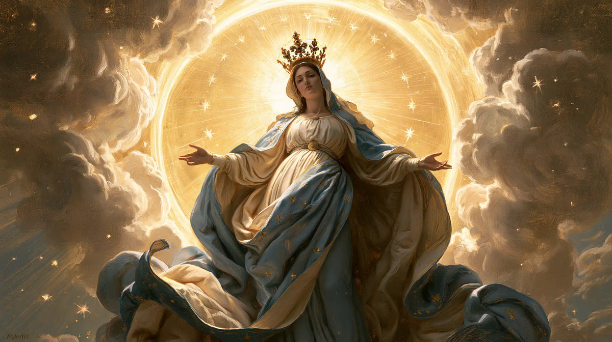 Mary as Queen of Heaven before heavenly light in Mary before Heavenly Light style, landscape Christian artwork no. 5