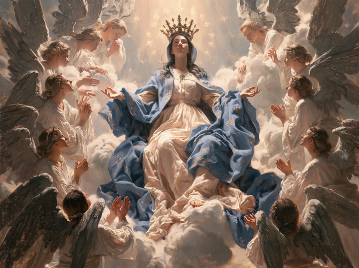 Mary, Queen of Heaven — Rose Folds Among the Leaning Angels
