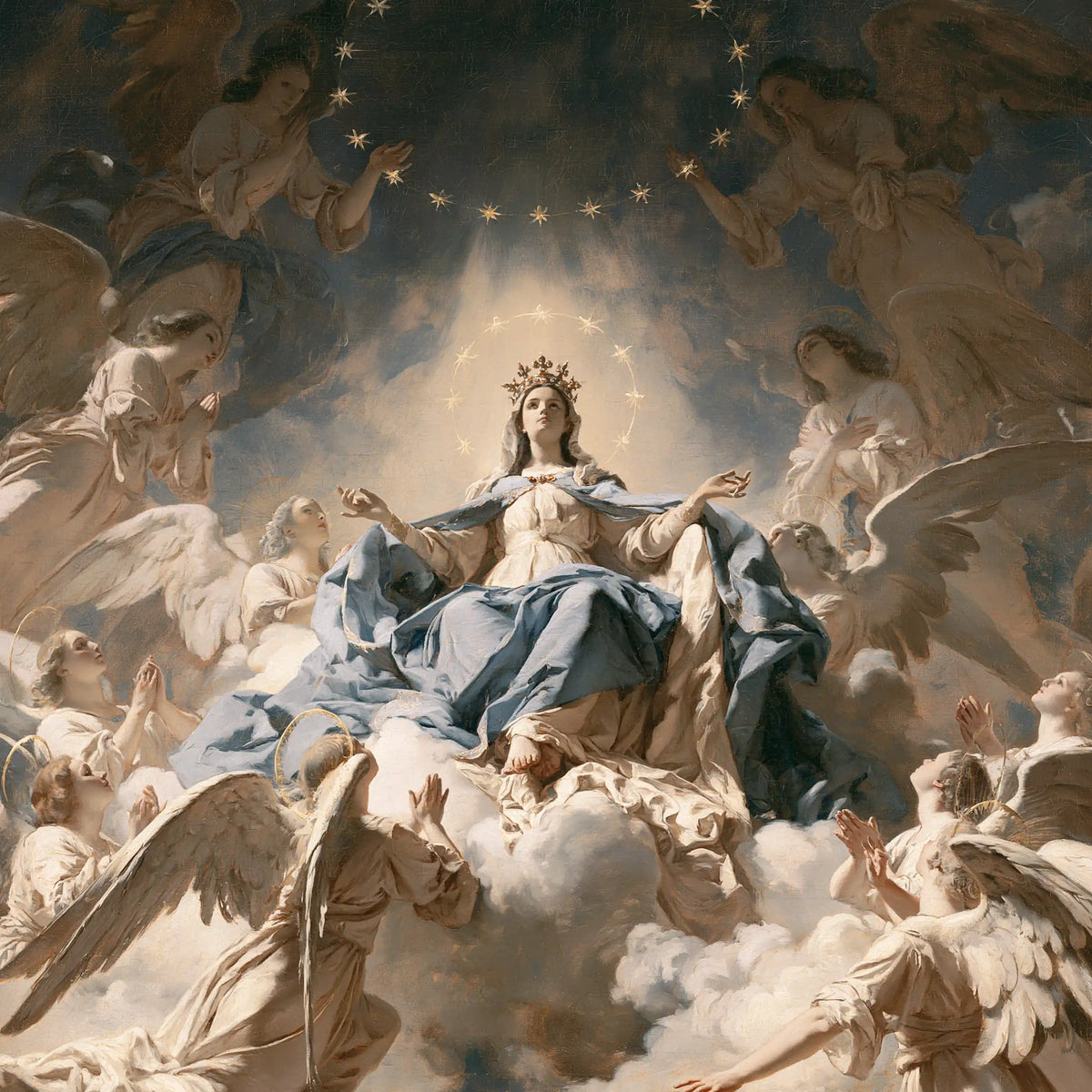 Mary as Queen of Heaven surrounded by angels in Mary Surrounded by Angels style, square Christian artwork no. 2