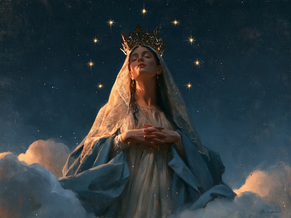 Mary as Queen of Heaven in midnight-blue chiaroscuro in Midnight Blue Chiaroscuro style, landscape Christian artwork no. 6