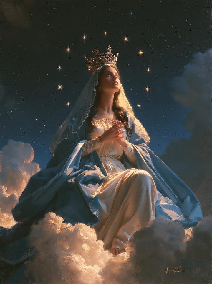 Mary, Queen of Heaven — Seated Prayer in Nocturnal Gentleness