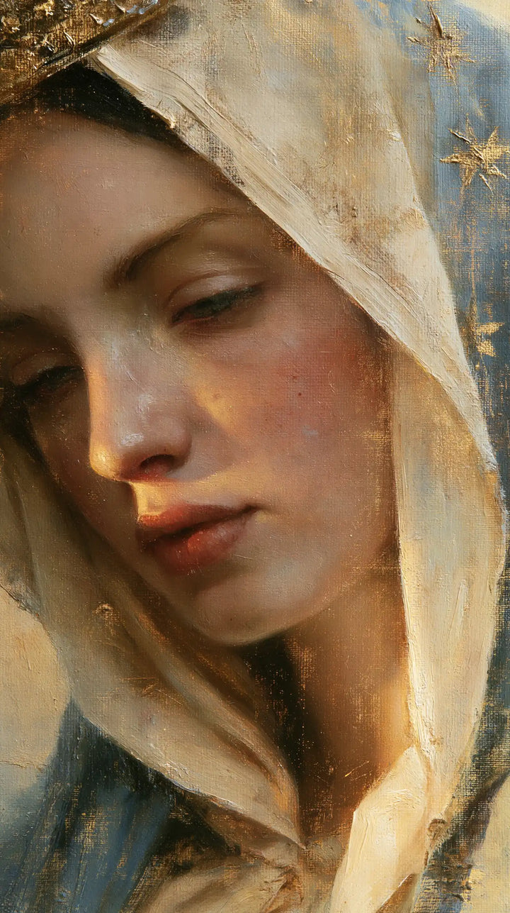 Mary, Queen of Heaven — The Veiled Gaze in Low Light