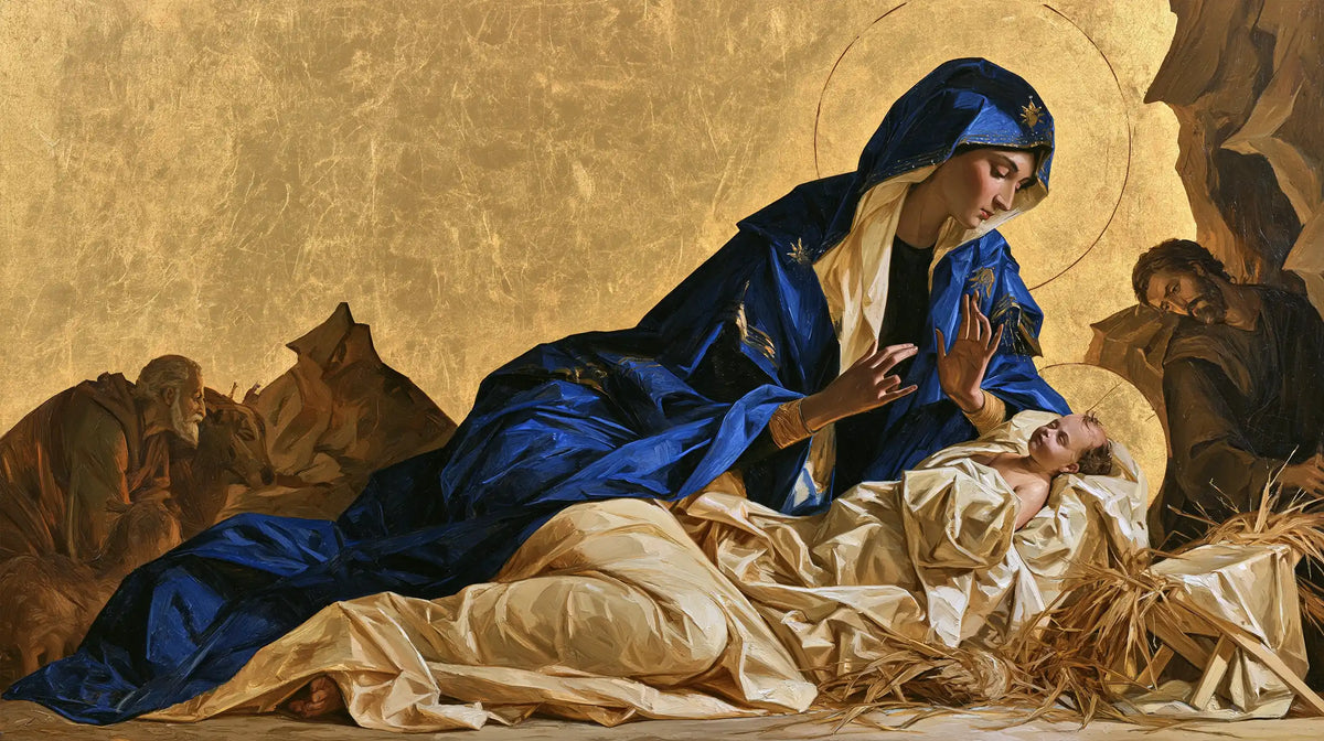 The Nativity — Tenderness in the Sweeping Blue Drapery
