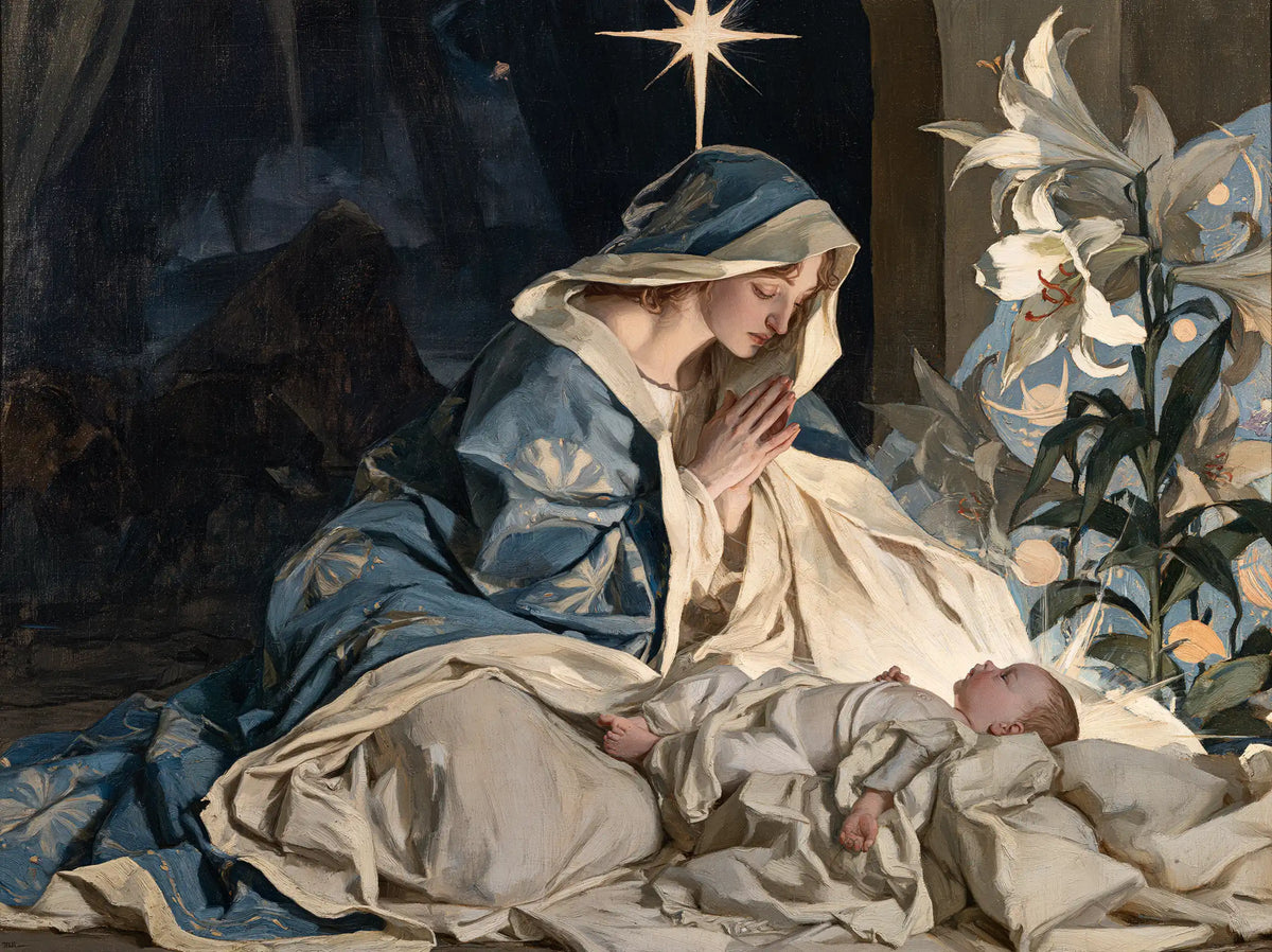The Nativity — Prayer between Lilies and Sky