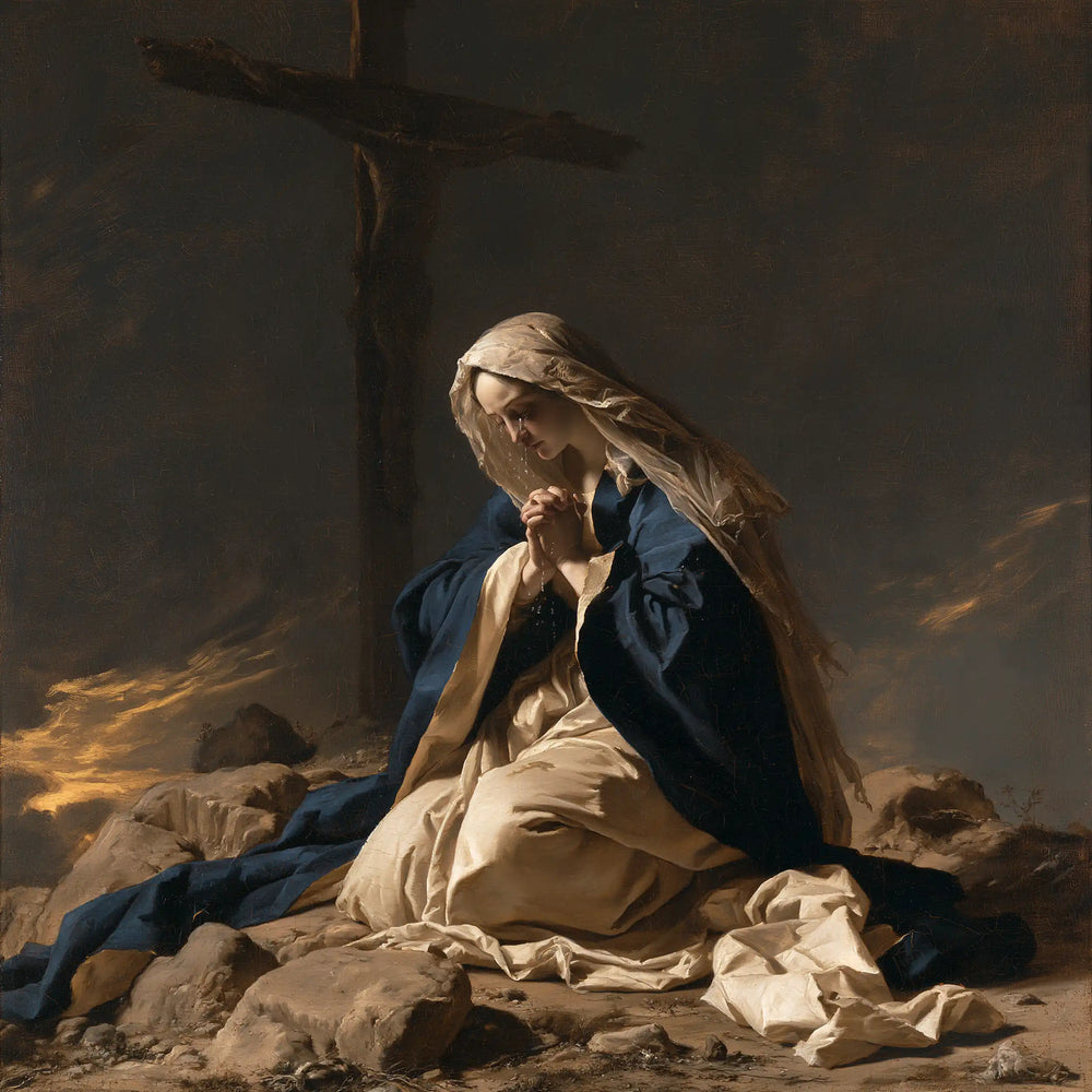 Mary kneeling before the Cross in Mary Kneeling before the Cross style, square Christian artwork no. 9