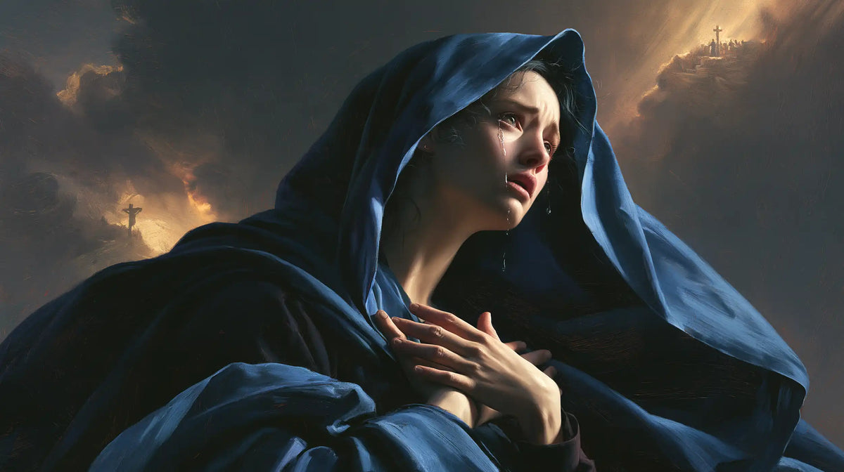 Mary experiencing profound maternal sorrow in Profound Maternal Sorrow style, landscape Christian artwork no. 21
