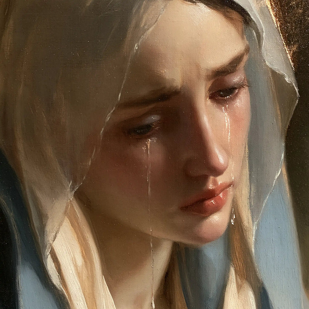 a close portrait of Our Lady of Sorrows in Psychological Close-Up style, square Christian artwork no. 12