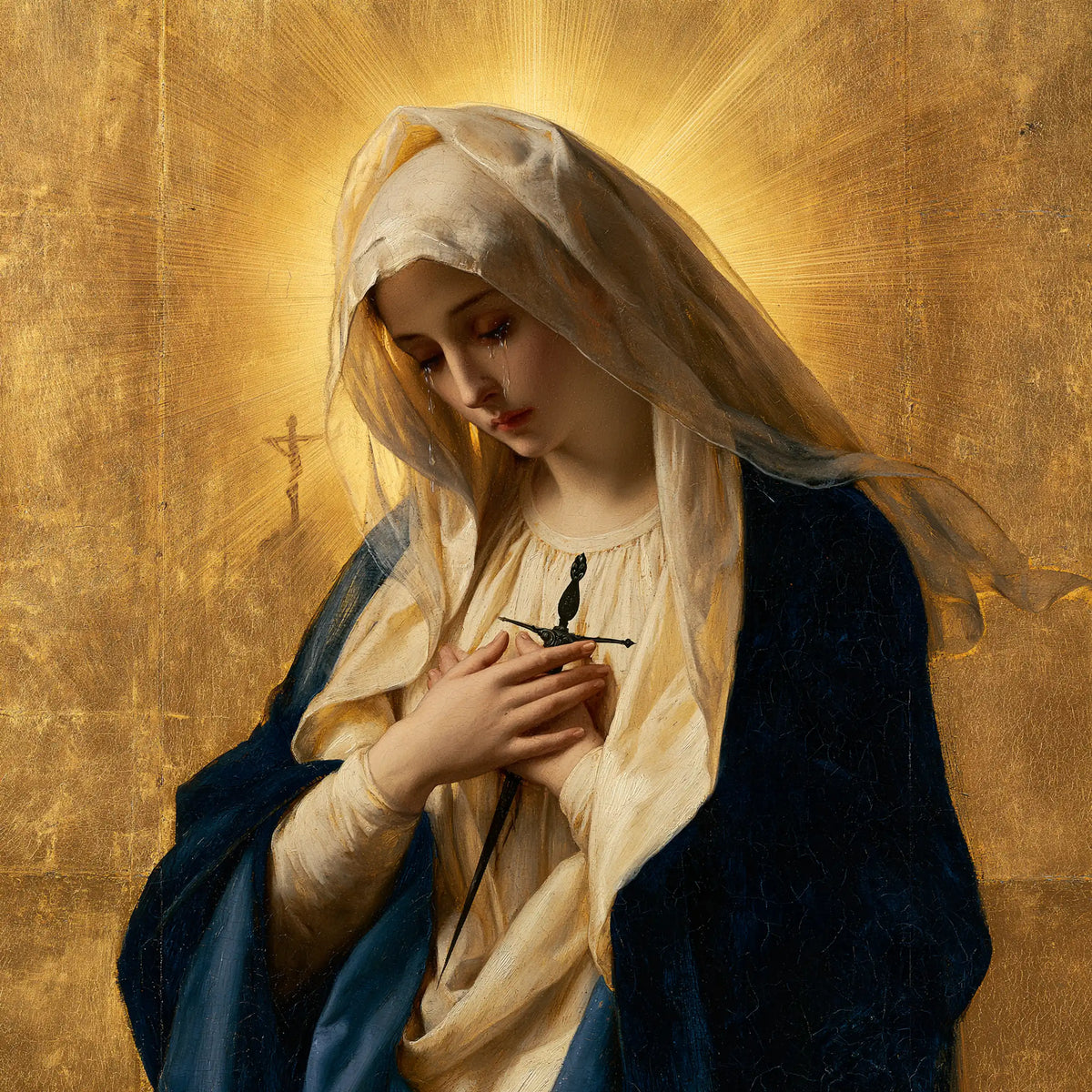 Our Lady of Sorrows in sacred golden light in Sacred Gold style, square Christian artwork no. 6