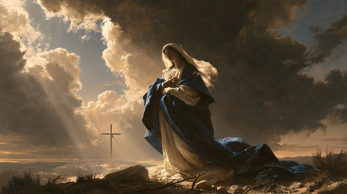 Our Lady of Sorrows in a monumental sacred view in Sacred Monumental View style, landscape Christian artwork no. 12