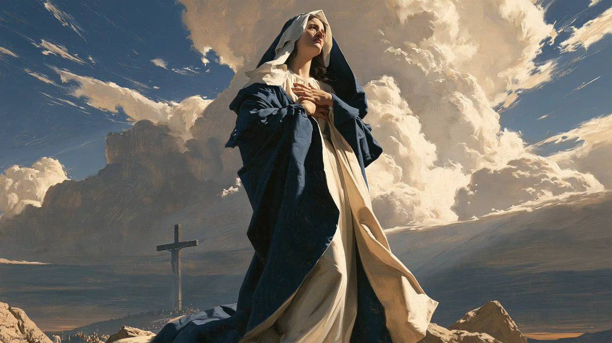 Our Lady of Sorrows in a monumental sacred view in Sacred Monumental View style, landscape Christian artwork no. 13