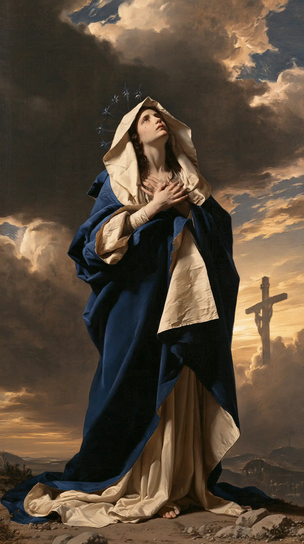 Our Lady of Sorrows in a monumental sacred view in Sacred Monumental View style, portrait Christian artwork no. 7