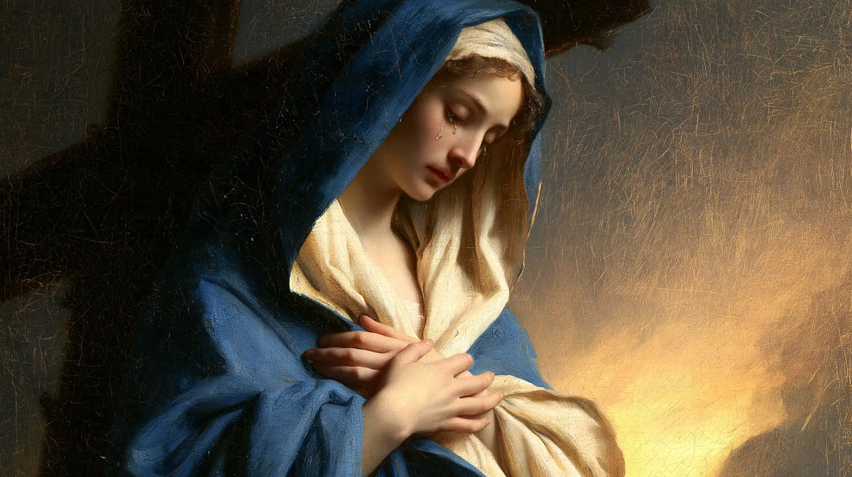 Our Lady of Sorrows between grief and hope in Sorrow and Hope style, landscape Christian artwork no. 9
