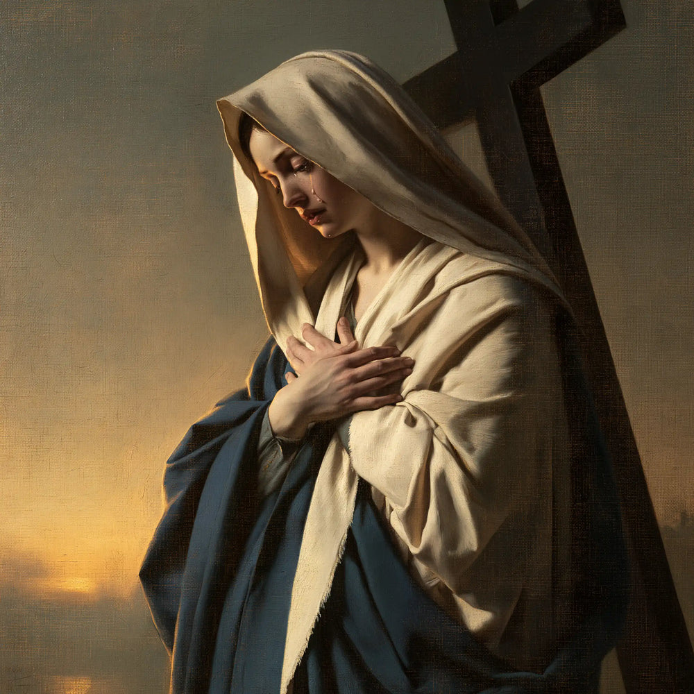 Our Lady of Sorrows between grief and hope in Sorrow and Hope style, square Christian artwork no. 9