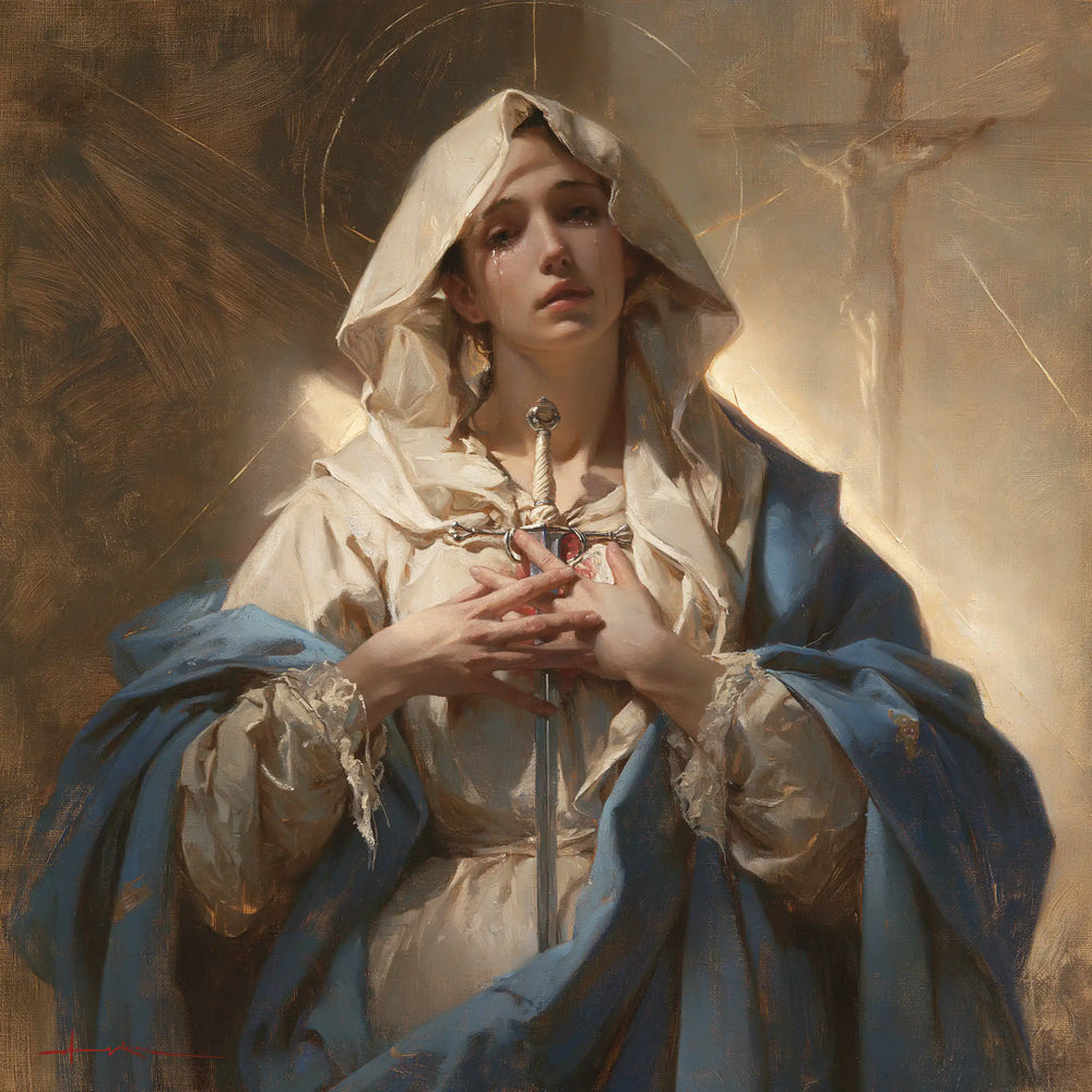 Our Lady of Sorrows with the Sword of Simeon in The Sword of Simeon style, square Christian artwork no. 7