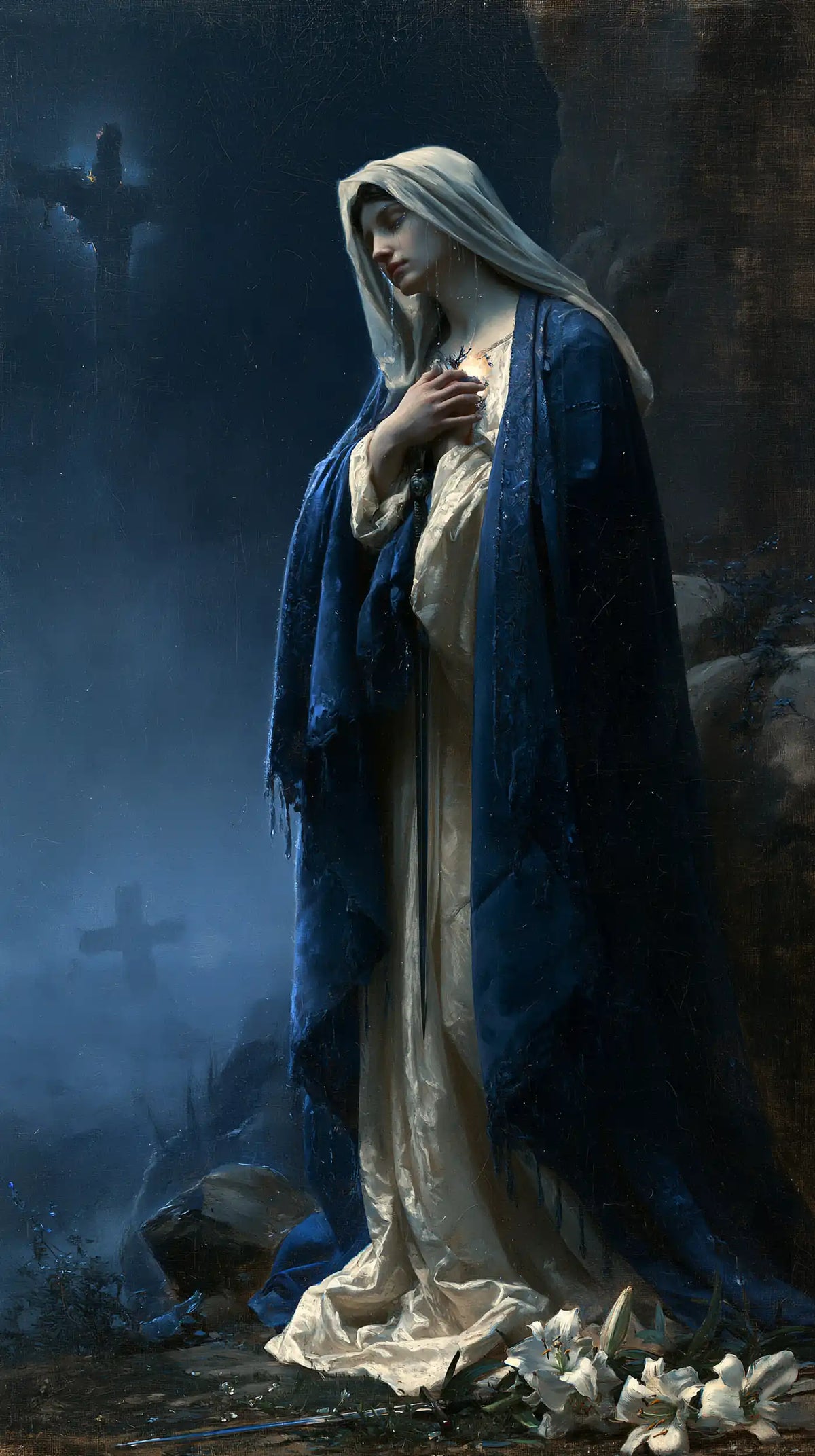 Our Lady of Sorrows in a symbolist composition in Symbolist style, portrait Christian artwork no. 7