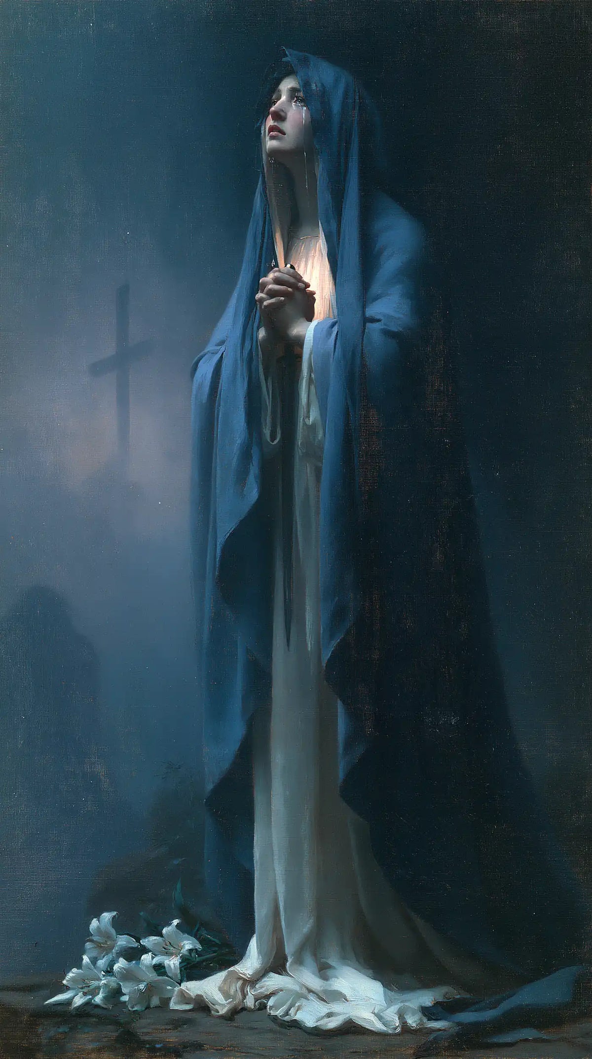 Our Lady of Sorrows in a symbolist composition in Symbolist style, portrait Christian artwork no. 9