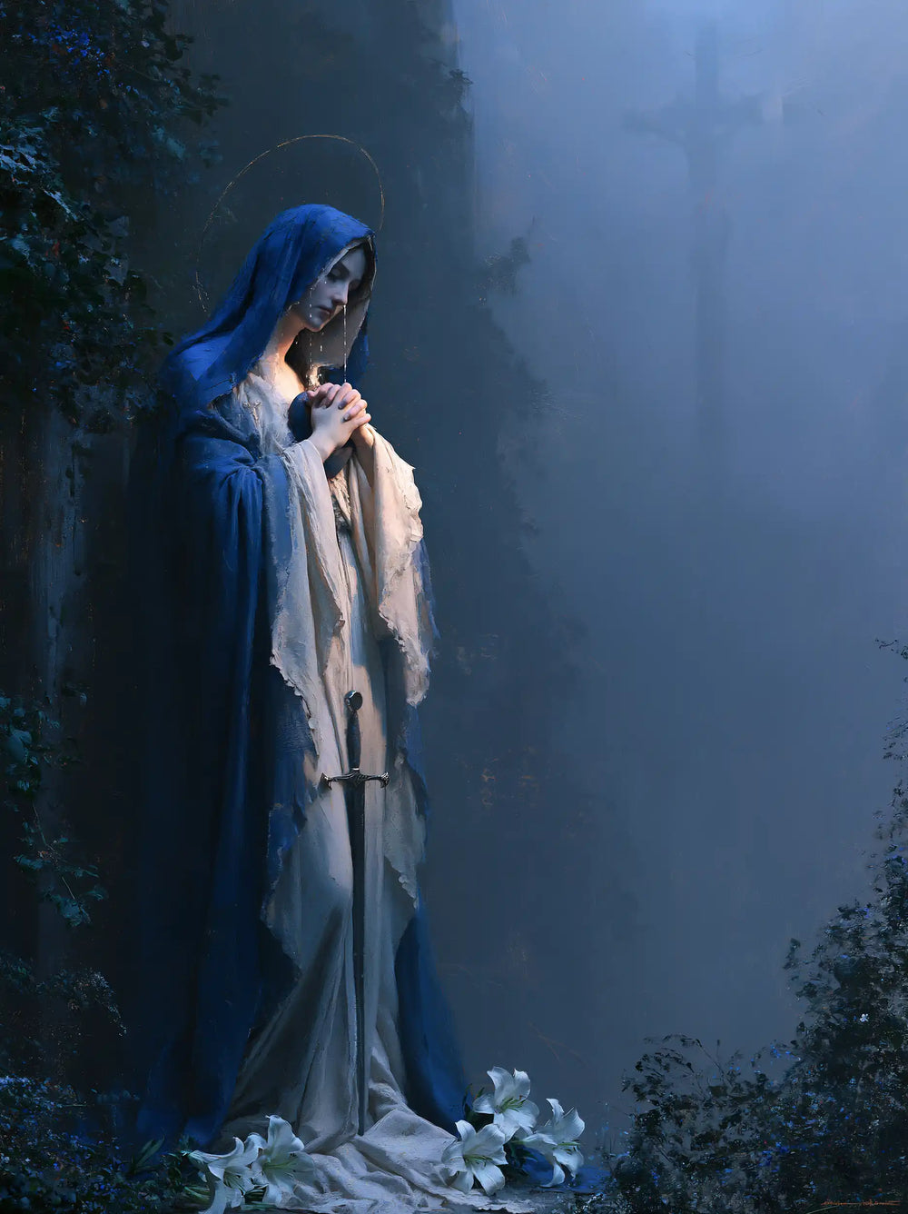 Our Lady of Sorrows in a symbolist composition in Symbolist style, portrait Christian artwork no. 14
