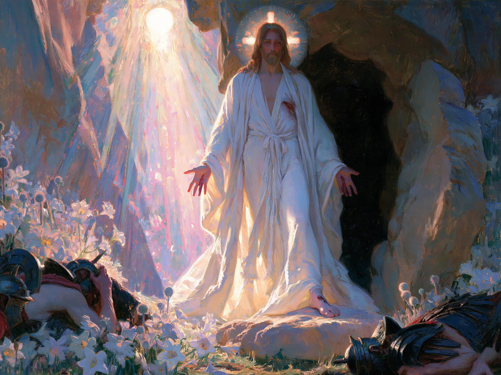 Resurrection of Jesus Christ in Expressionist style, landscape Christian artwork no. 7