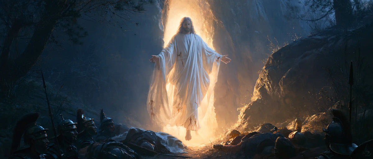 Resurrection of Jesus Christ in Midnight-blue Chiaroscuro style, landscape Christian artwork no. 25