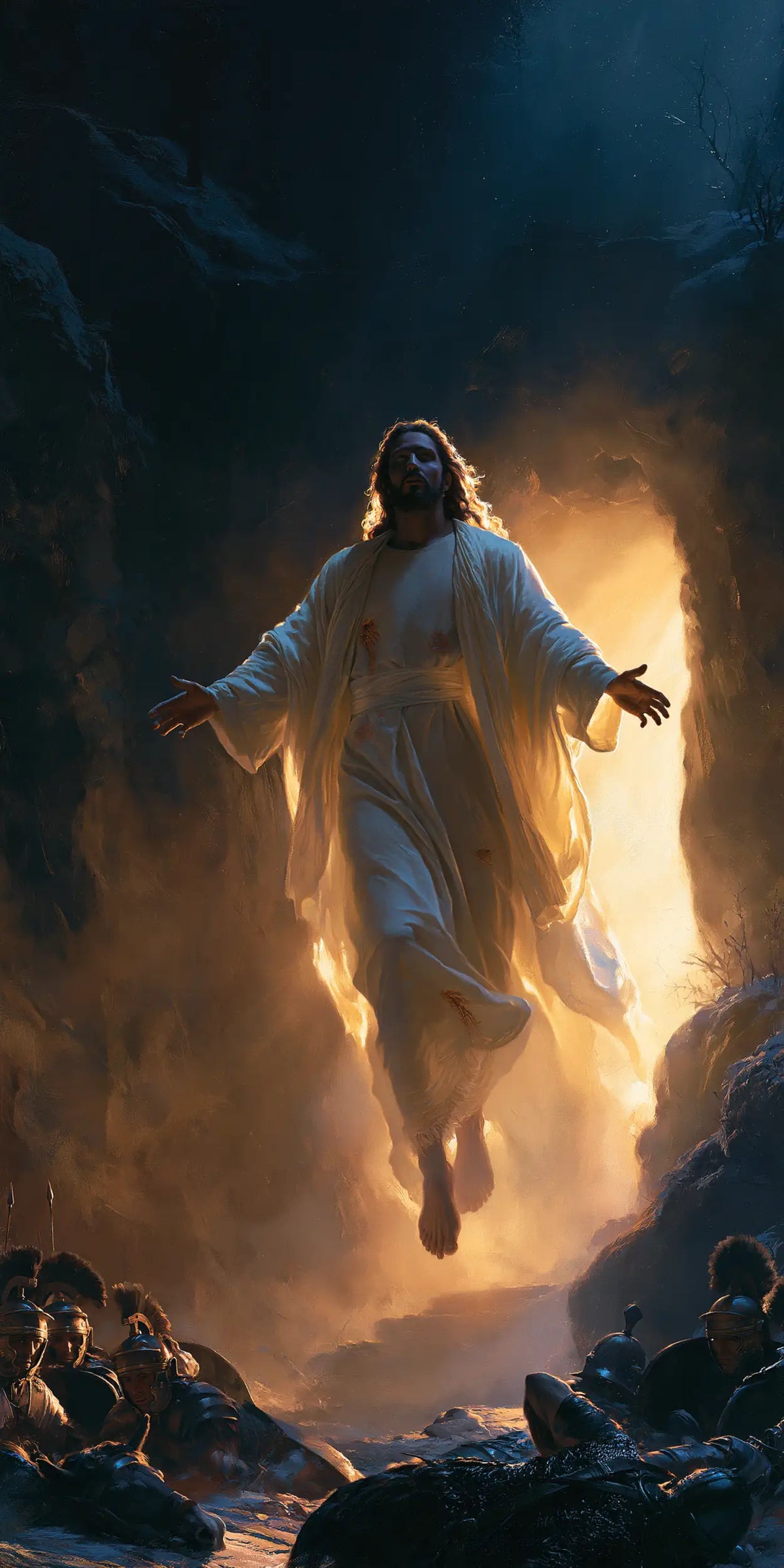 Resurrection of Jesus Christ in Midnight-blue Chiaroscuro style, portrait Christian artwork no. 1