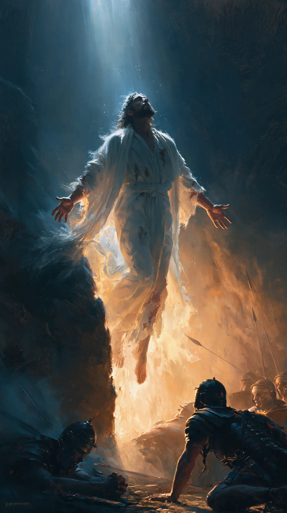 Resurrection of Jesus Christ in Midnight-blue Chiaroscuro style, portrait Christian artwork no. 9