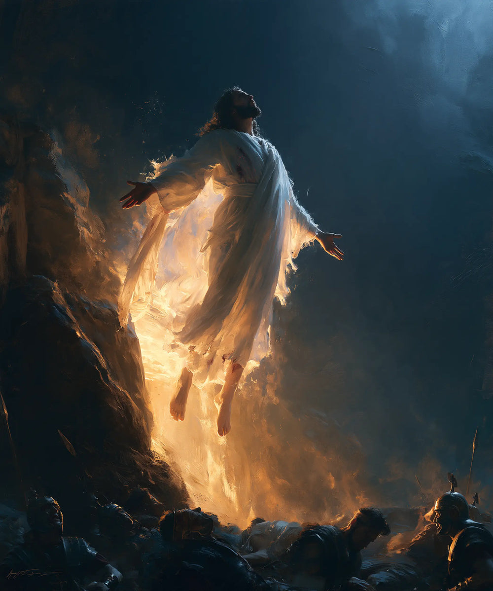 Resurrection of Jesus Christ in Midnight-blue Chiaroscuro style, portrait Christian artwork no. 25