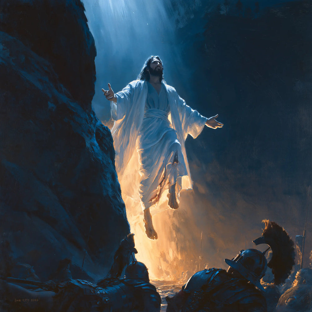 Resurrection of Jesus Christ in Midnight-blue Chiaroscuro style, square Christian artwork no. 2