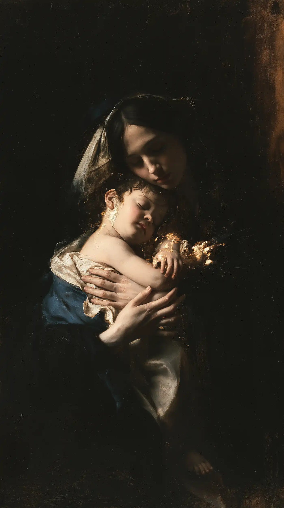 the Virgin Mary holding the Child Jesus in Black and Gold style, portrait Christian artwork no. 3