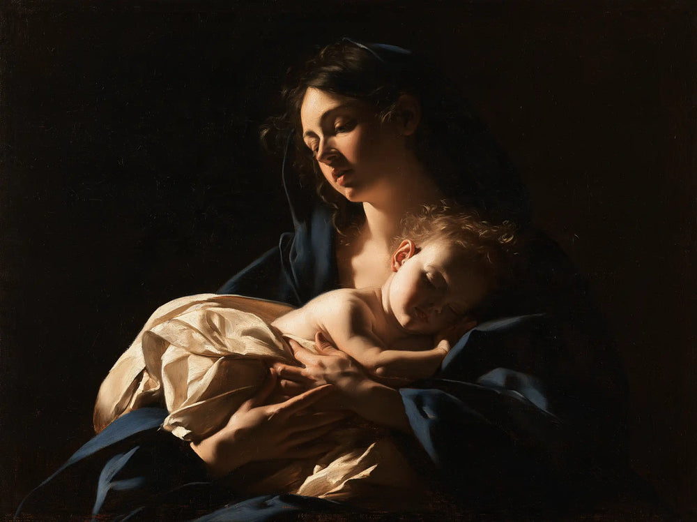 the Virgin Mary holding the Child Jesus in Caravaggio Tenebrism style, landscape Christian artwork no. 2