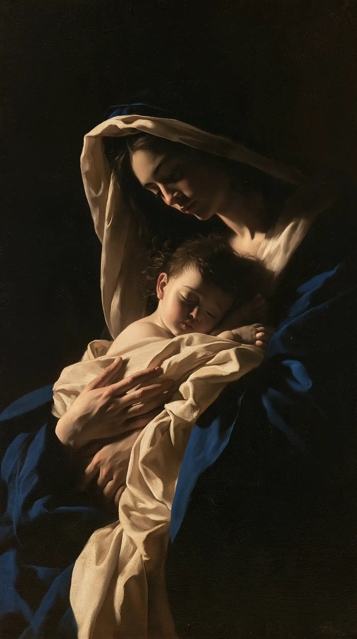 the Virgin Mary holding the Child Jesus in Caravaggio Tenebrism style, portrait Christian artwork no. 3