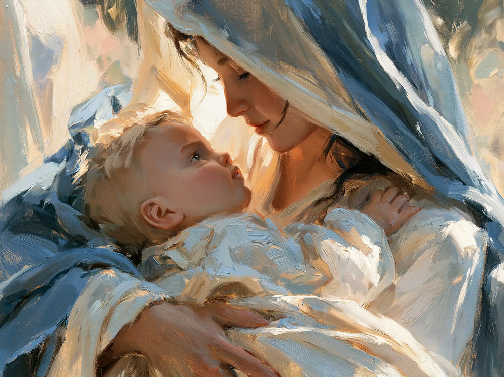 the Virgin Mary and the Child Jesus together in Impressionist style, landscape Christian artwork no. 5