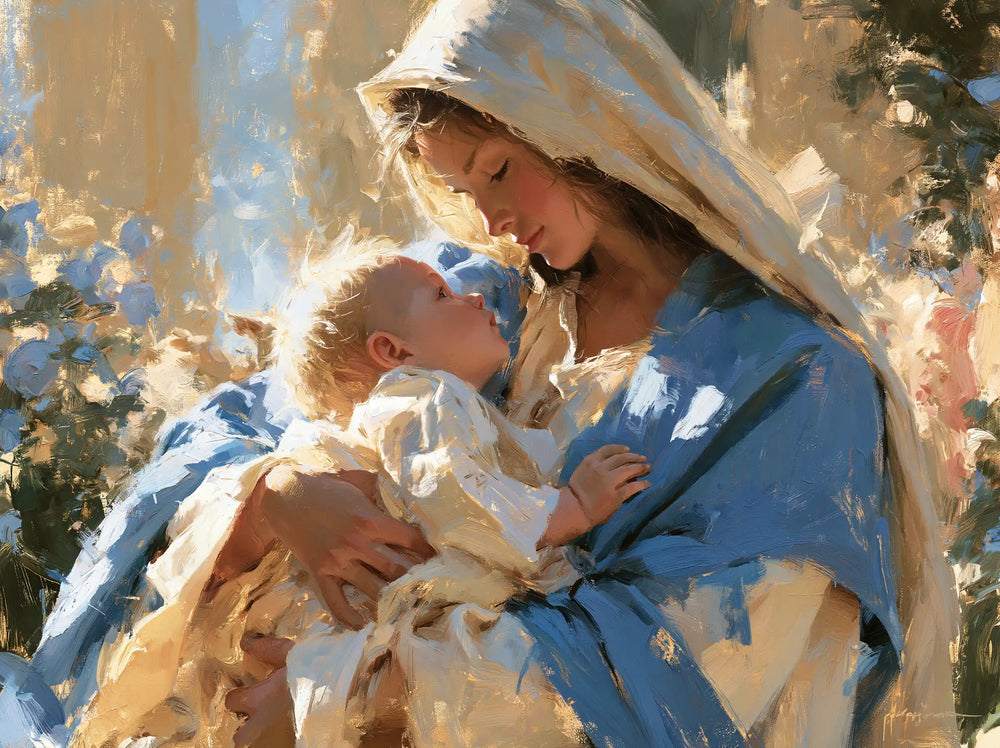 the Virgin Mary and the Child Jesus together in Impressionist style, landscape Christian artwork no. 7