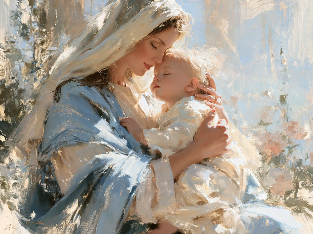 the Virgin Mary and the Child Jesus together in Impressionist style, landscape Christian artwork no. 8
